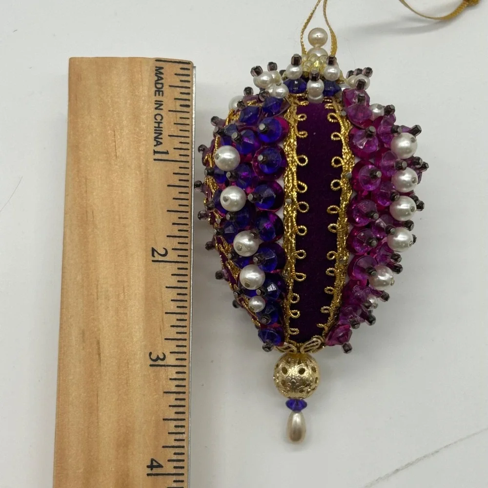Vintage Beaded Sequins Push Pin Christmas Ornament Pink Bell Purple Ornate Set 2